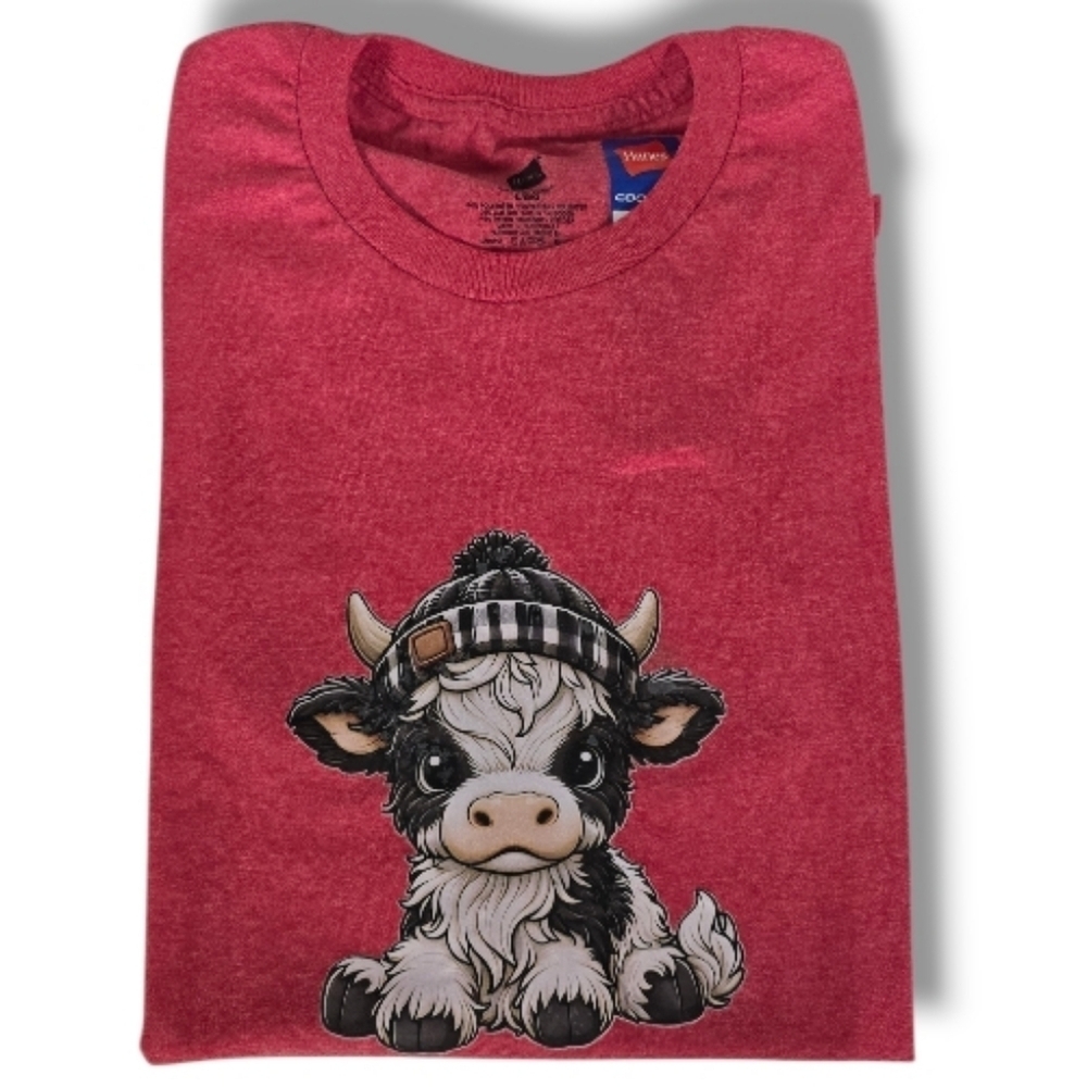 NEW! Cute Baby Highland Cow Wearing A Gingham Toboggan Casual Crew Neck T-Shirt - Picture 5 of 8